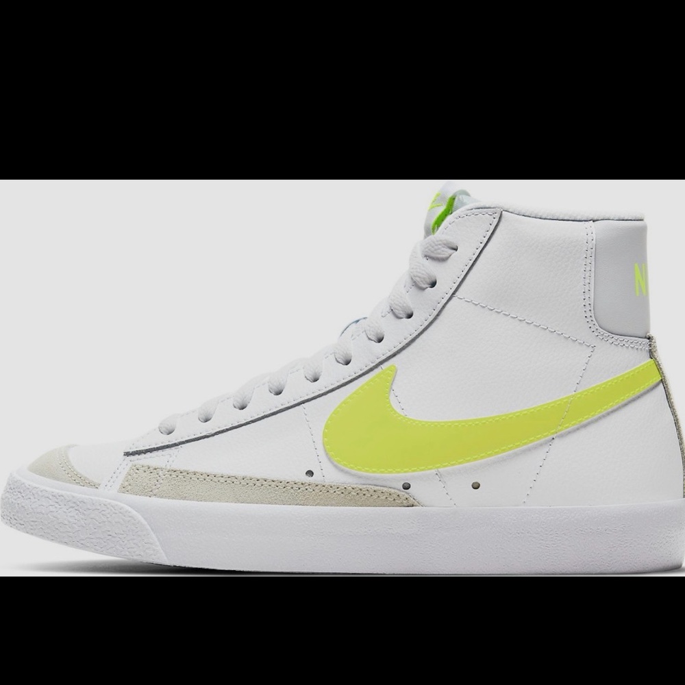 Nike Blazer high-tops. White with neon yellow swoosh.
